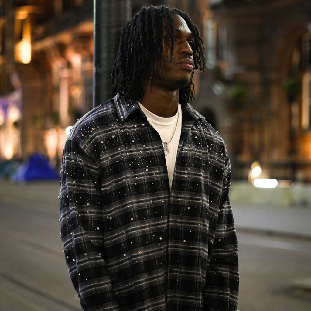 Rhinestone Plaid Long Sleeve Shirt Jacket