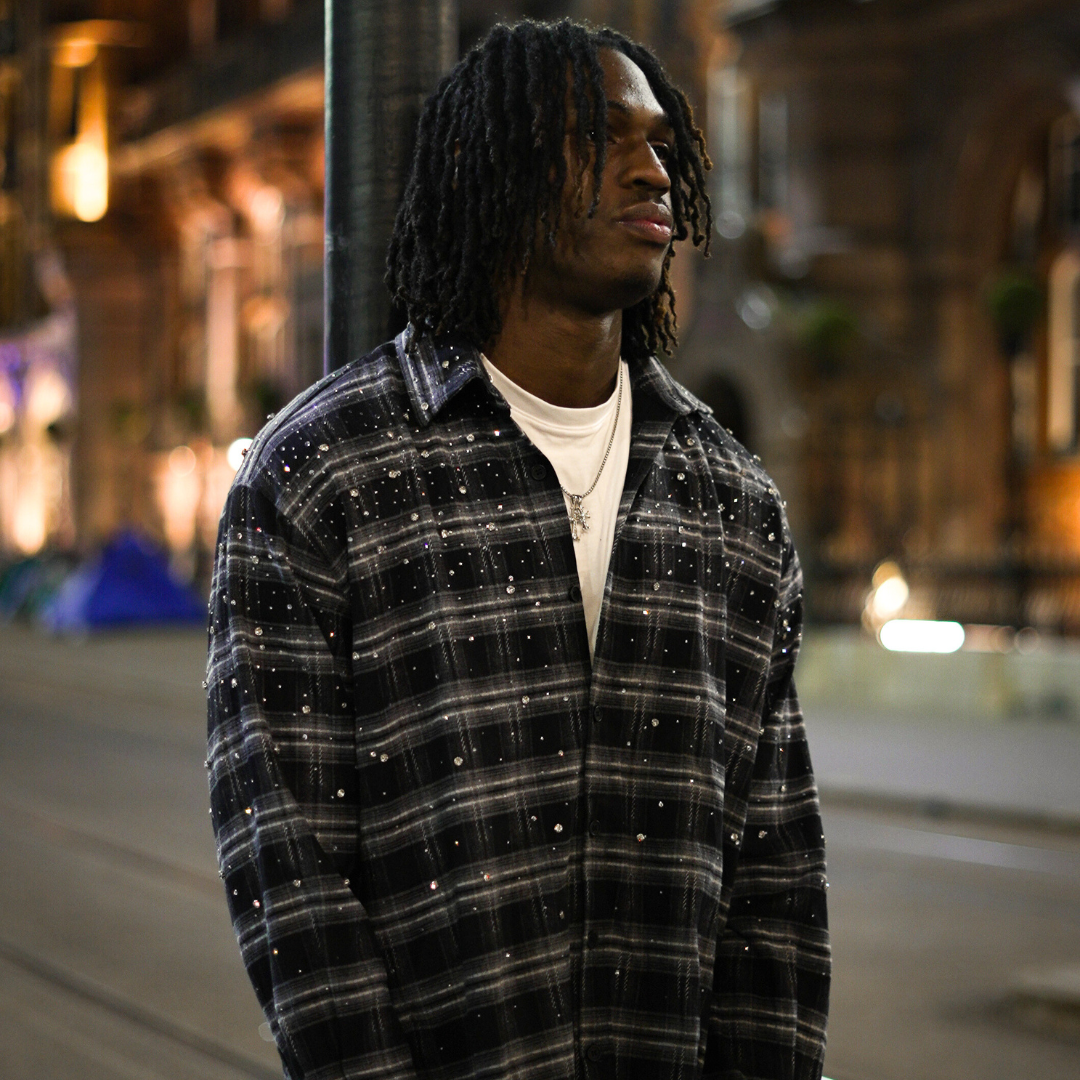 Rhinestone Plaid Long Sleeve Shirt Jacket