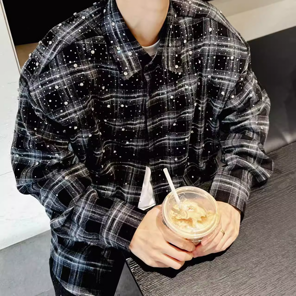 Rhinestone Plaid Long Sleeve Shirt Jacket