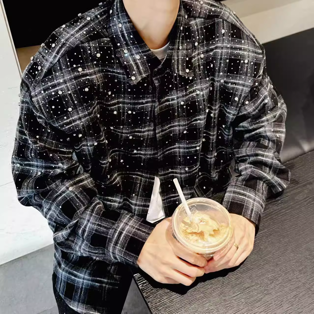 Rhinestone Plaid Long Sleeve Shirt Jacket