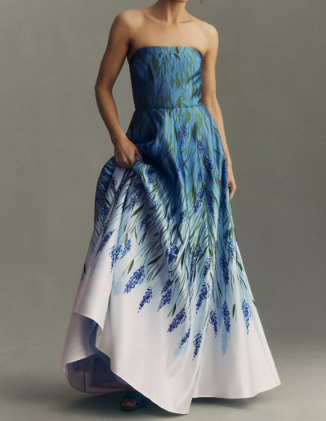 Strapless Printed Satin A-Line Maxi Dress