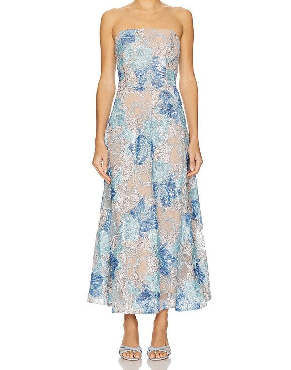Women's Strapless Floral Midi Cocktail Dress