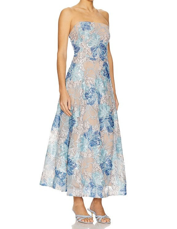 Women's Strapless Floral Midi Cocktail Dress
