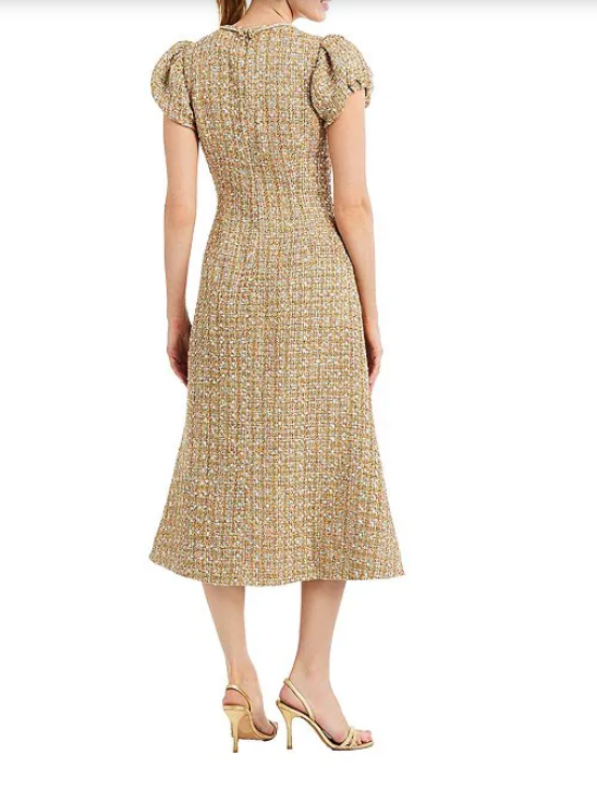 Tweed Crew Neck Corded Rhinestone Bow Cap Puff Sleeve Midi Dress