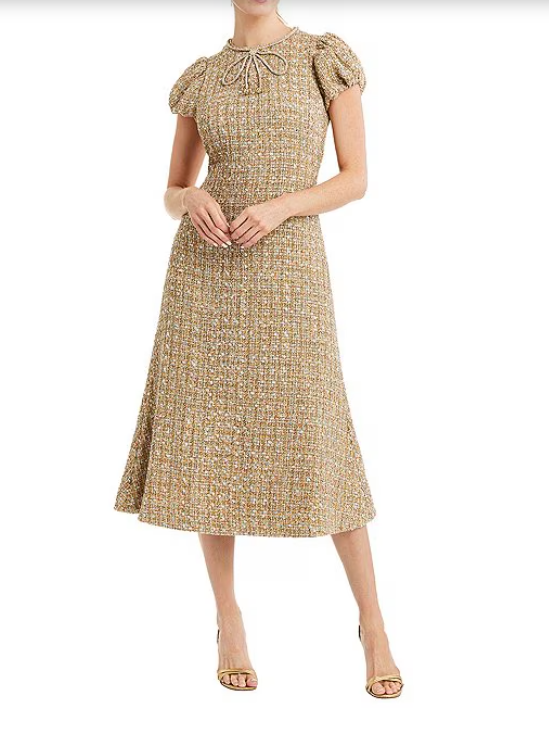 Tweed Crew Neck Corded Rhinestone Bow Cap Puff Sleeve Midi Dress