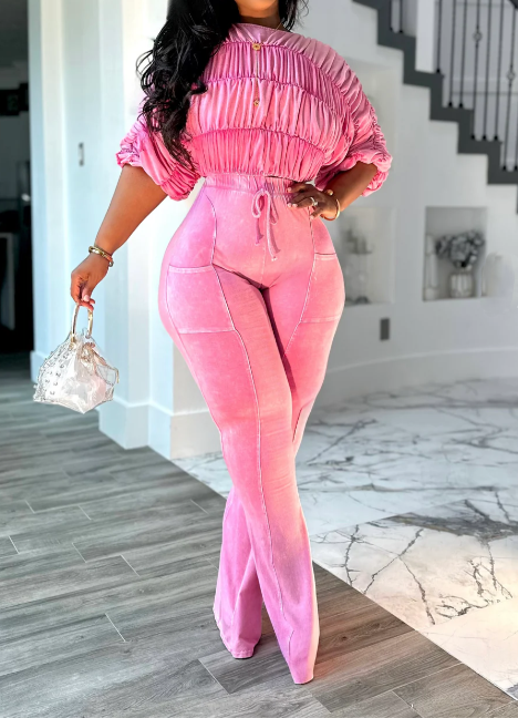 Women's pleated top and pants two-piece set