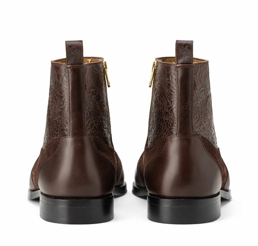 Men's Brown Embossed Leather Brogue Zipper Ankle Boots