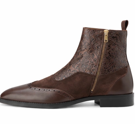 Men's Brown Embossed Leather Brogue Zipper Ankle Boots
