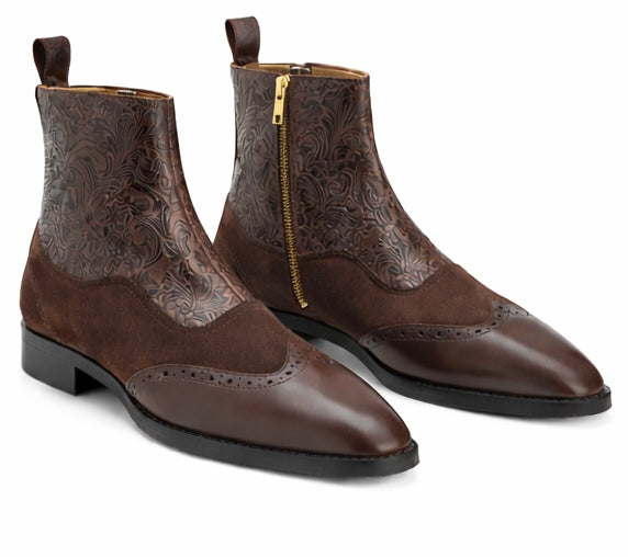 Men's Brown Embossed Leather Brogue Zipper Ankle Boots