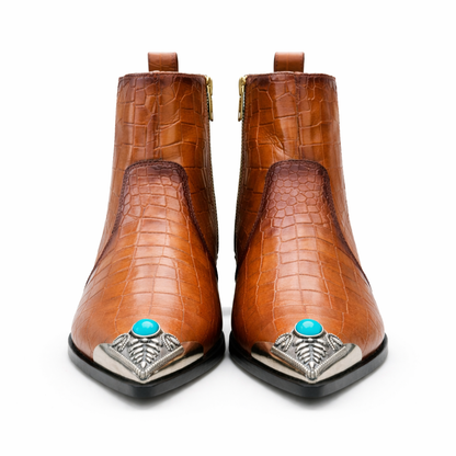 Men's metal-toed crocodile-patterned leather ankle boots