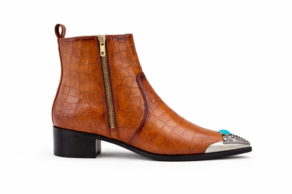 Men's metal-toed crocodile-patterned leather ankle boots