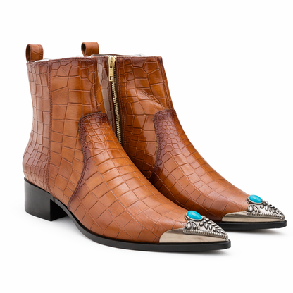 Men's metal-toed crocodile-patterned leather ankle boots