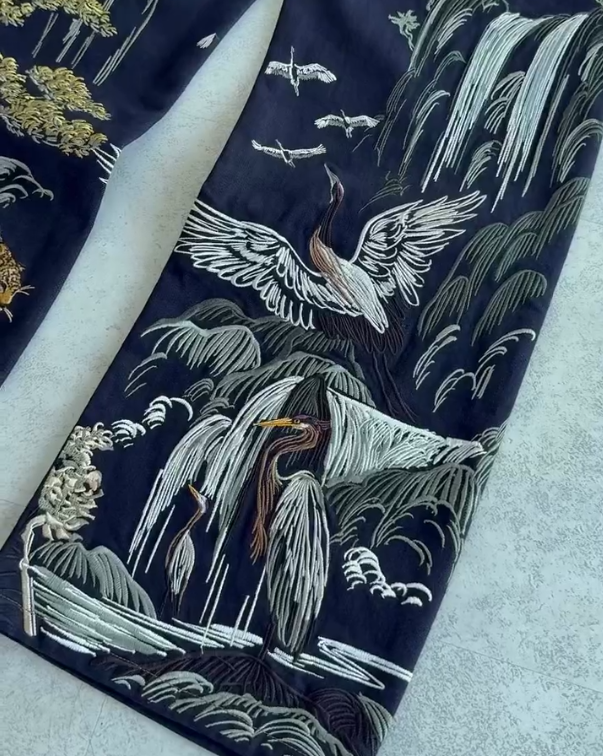 Men's Tiger and Crane Embroidered Jeans