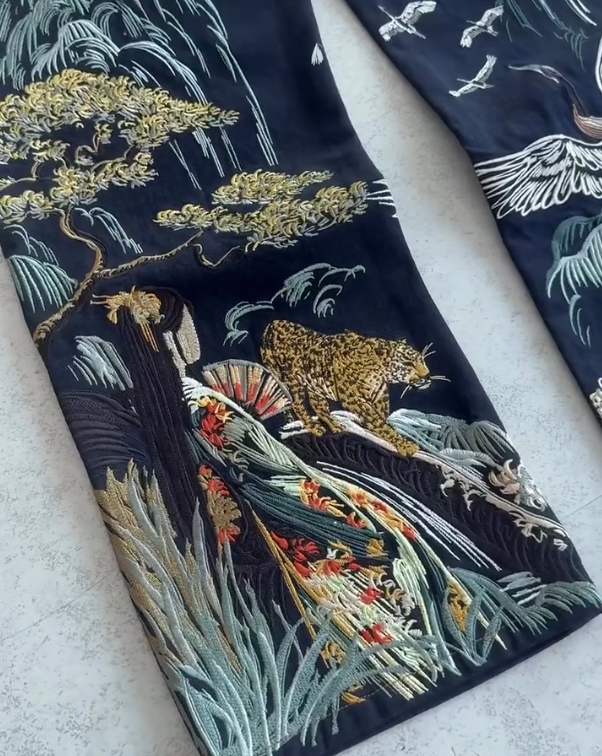 Men's Tiger and Crane Embroidered Jeans