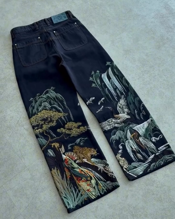 Men's Tiger and Crane Embroidered Jeans