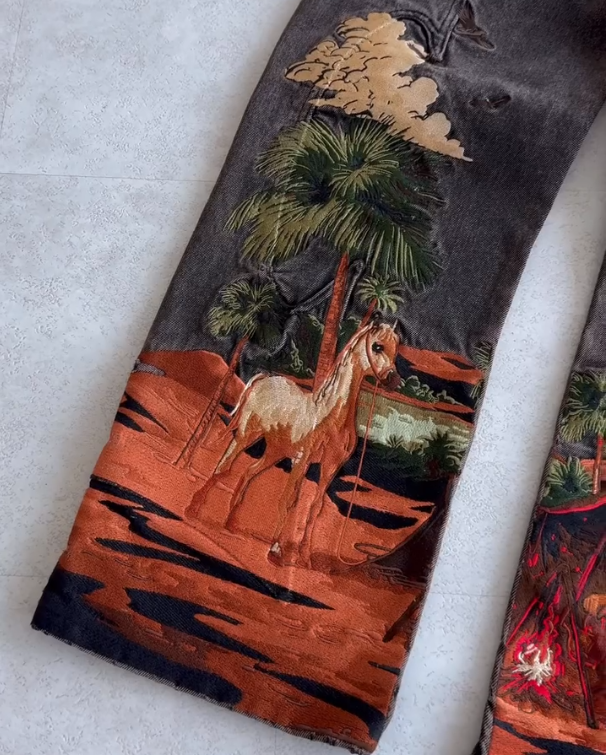 Men's Red Horse Embroidered Jeans