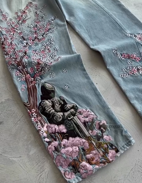 Men's Cherry Blossom Samurai Embroidered Jeans