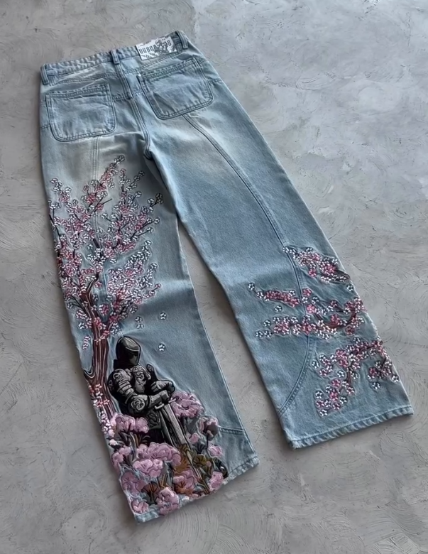 Men's Cherry Blossom Samurai Embroidered Jeans