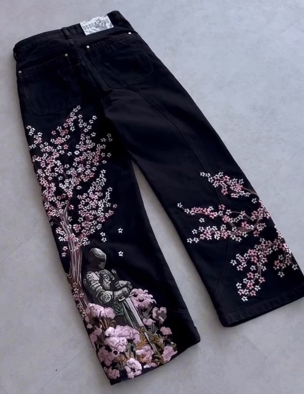 Men's Cherry Blossom Samurai Embroidered Jeans