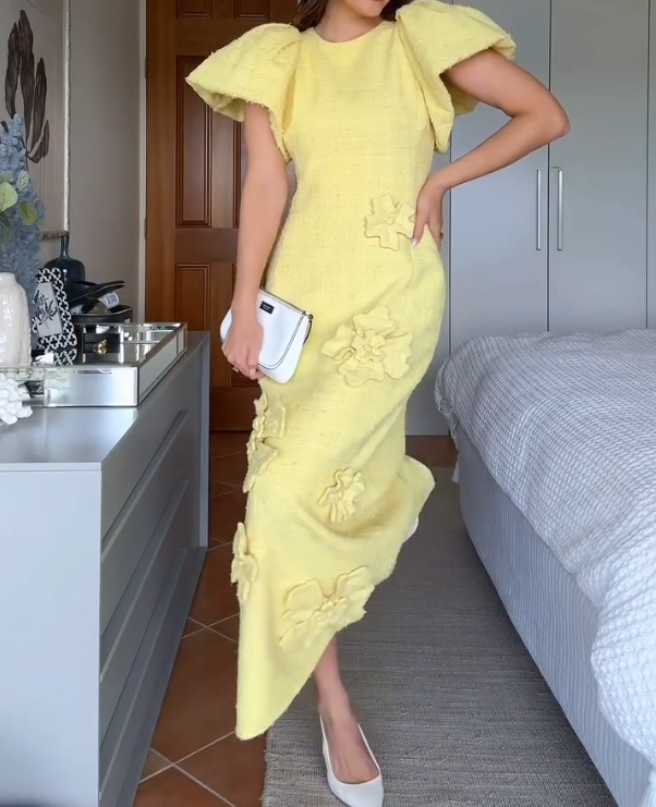 Yellow Floral Applique Puff Sleeve Dress