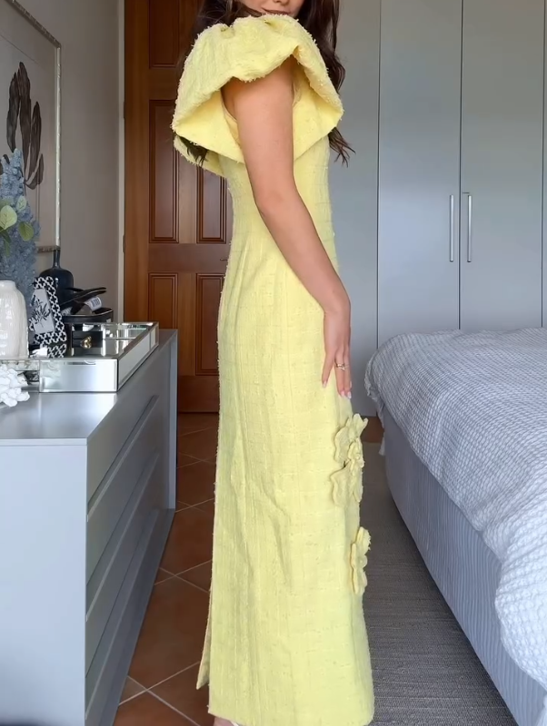 Yellow Floral Applique Puff Sleeve Dress