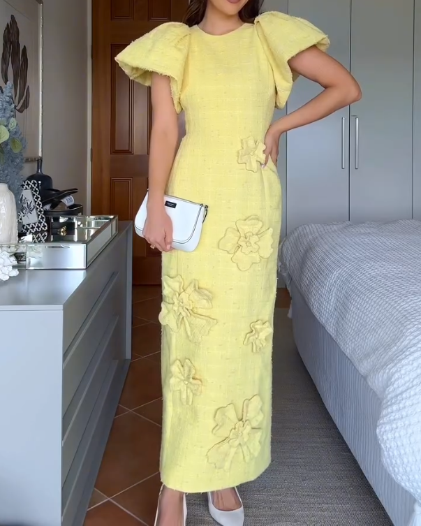 Yellow Floral Applique Puff Sleeve Dress
