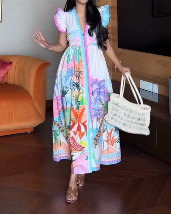 Tropical Print Ruffle Sleeve Maxi Dress