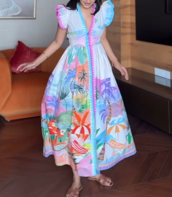 Tropical Print Ruffle Sleeve Maxi Dress