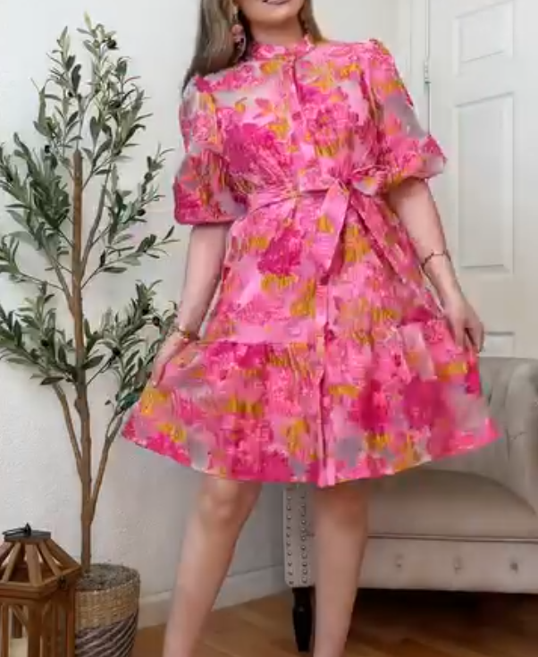 Pink Floral Jacquard Puff Sleeve Dress