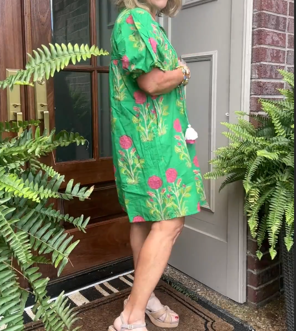 Green Floral Puff Sleeve Tassel Dress