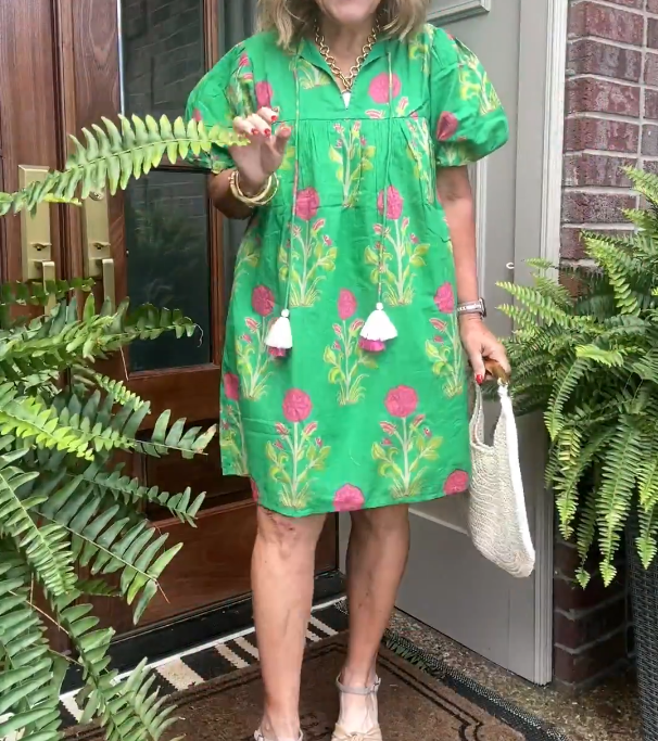 Green Floral Puff Sleeve Tassel Dress