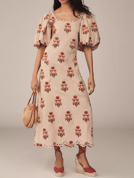 Terracotta Floral Puff Sleeve Midi Dress