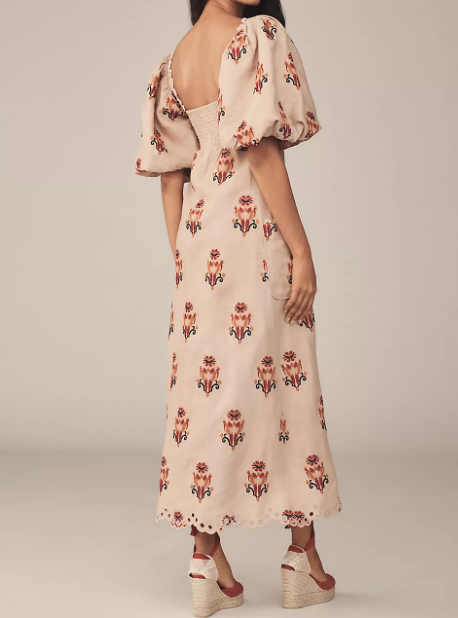 Terracotta Floral Puff Sleeve Midi Dress