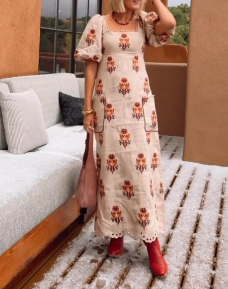 Terracotta Floral Puff Sleeve Midi Dress