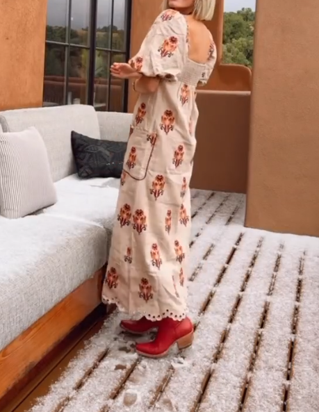 Terracotta Floral Puff Sleeve Midi Dress