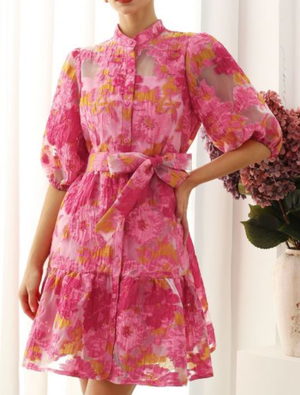 Pink Floral Jacquard Puff Sleeve Dress